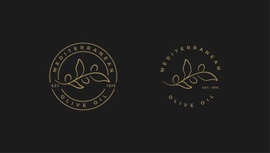 Akdeniz zeytinyağı amblemi, yuvarlak çizgi pul tasarımı. Organik sağlıklı vektör logo şablonu