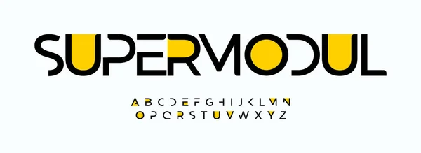 Γεωμετρική φουτουριστική γραμματοσειρά με κίτρινα στίγματα, ενότητες με γράμματα. Δημιουργικό λογότυπο και αλφάβητο. Σχεδιασμός τυπολογίας διανύσματος — Διανυσματικό Αρχείο