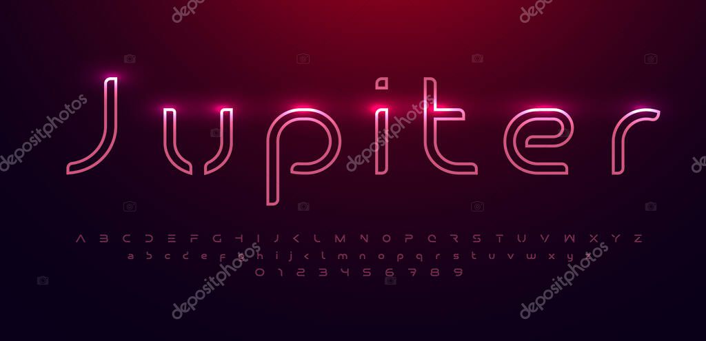 Space font alphabet letters. Outline linear contour typography. Techno digital characters with electric light, neon glow. Shiny illuminated letter set for headline, logo, cover title. Vector typeset.