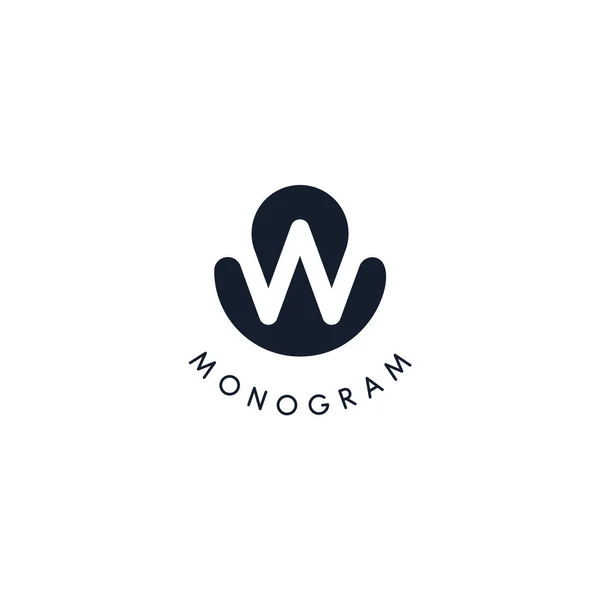 Logotipo negro con silueta recortada de letra W, monograma redondo para negocios y branding. Logotipo vector moderno, insignia círculo estilo espacio negativo — Vector de stock