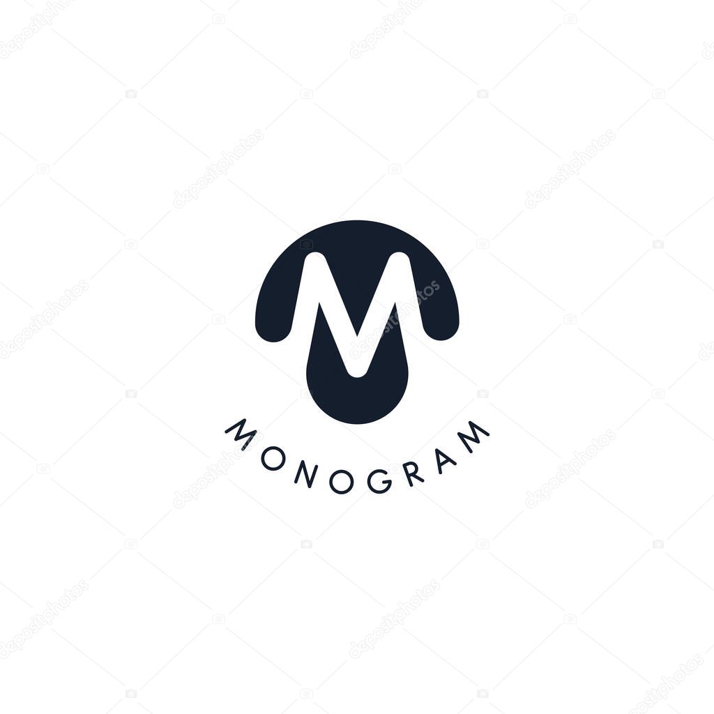 Black logo with cut out silhouette of letter M, round monogram for business and branding. Modern vector logotype, circle badge negative space style.
