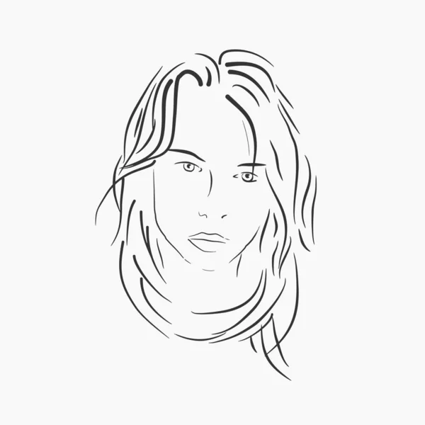 Handgeschreven vrouwelijk portret, sensueel meisjesgezicht, minimalistische lineaire stijl, teder schoonheidsmeisje in sjaal met wankel haar. Vector hand getekend illustratie — Stockvector