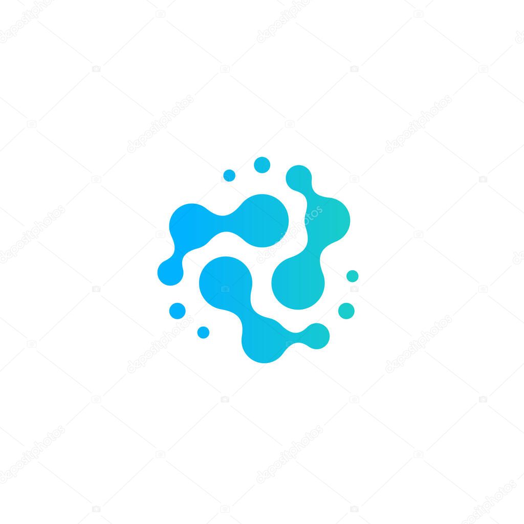 Spinning connected droplets of water, liquid, atom, or molecule icon. Logo concept for science and innovative biotechnology. Vector illustration