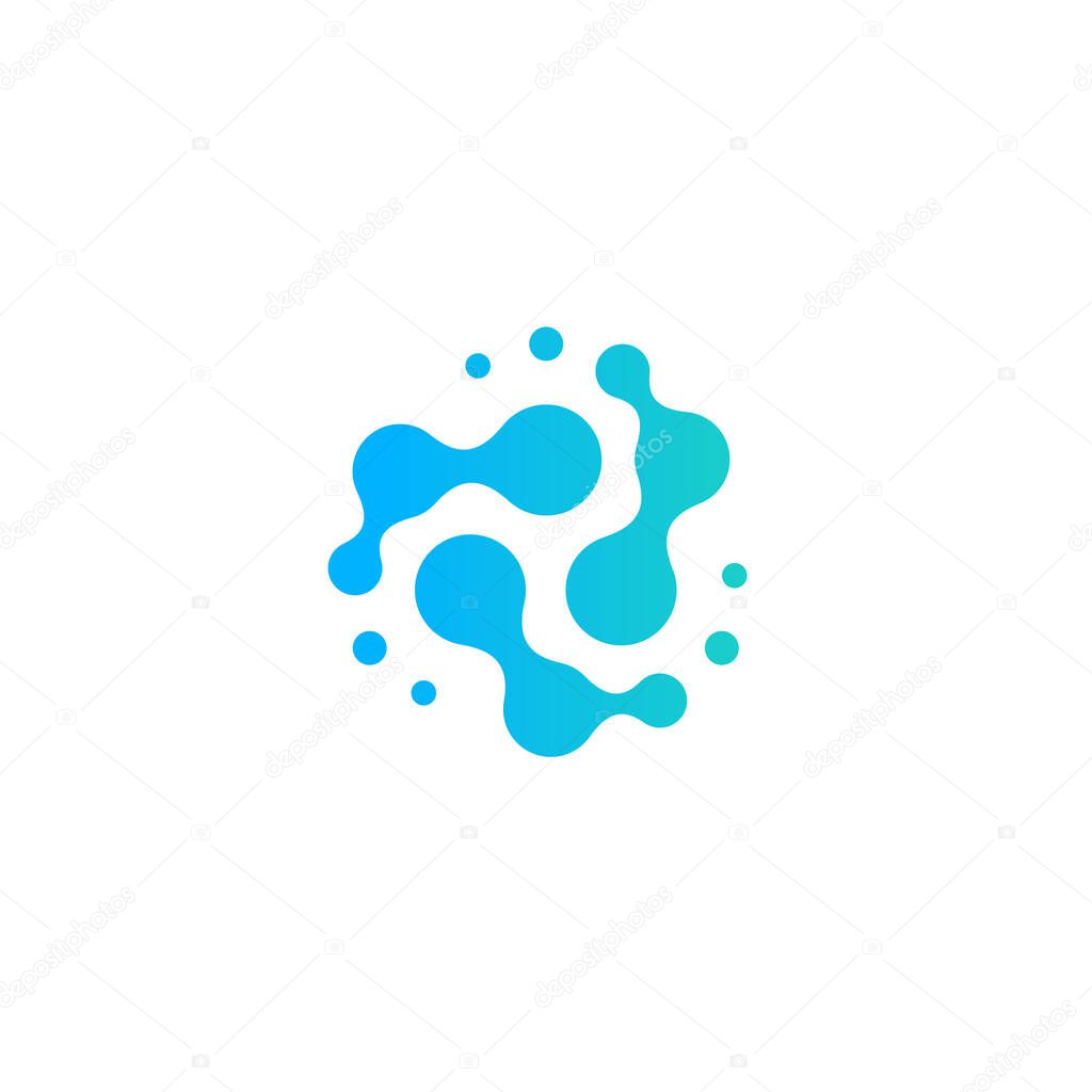 Spinning connected droplets of water, liquid, atom, or molecule icon. Logo concept for science and innovative biotechnology. Vector illustration.
