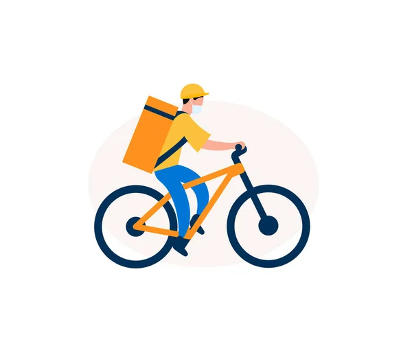 Food delivery man on an electric bike. Courier with eat bag on bicycle. Graphic for delivery service. Vector illustration. — Stock Vector