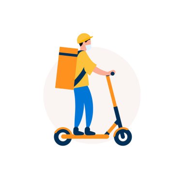 Elektrikli scooterlı yemek teslimatçısı. Tekme scooter 'da yemek torbası olan kurye. Teslimat servisi için grafik. Vektör illüstrasyonu.