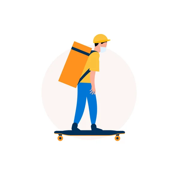 Essenslieferant auf dem Longboard. Kurier mit Essensbeutel auf Skateboard. Grafik für Lieferservice. Vektorillustration. — Stockvektor