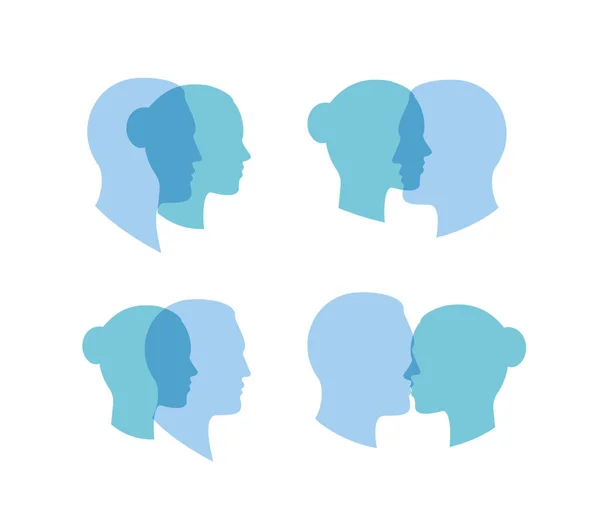 Mentális és nemi azonosító szimbólum, bipoláris mentális probléma, kapcsolat érzelmi egyensúly, kék színű fejek ikon, elszigetelt vektor illusztráció — Stock Vector