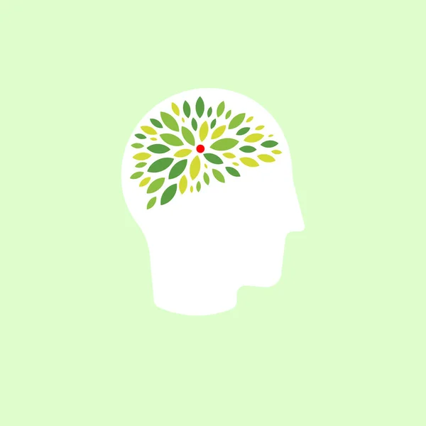 Zielone liście mózgu, ludzka sylwetka głowy. Symbol procesu myślenia, zdrowie mózgu i neuronów, czysty znak środowiska. Ilustracja wektora — Wektor stockowy