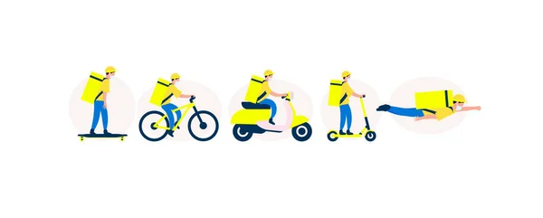 Set of delivery men on transport with a backpack for food, yellow delivery service, colors flag of Ukraine, vector illustration — Stock Vector
