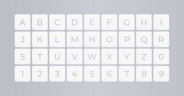 Dijital dünya için yazı tipi klavyesi, sanal gerçeklik, HUD arayüzü. ABC, eğitim ve mantık oyunları için kare şeklinde semboller. Vektör tipografi