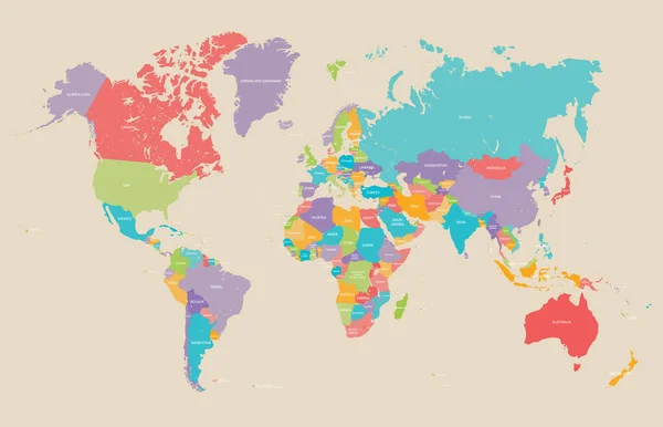 Παγκόσμιος πολιτικός γήινος χάρτης σε ρετρό χρωματική παλέτα, διανυσματική απεικόνιση. — Διανυσματικό Αρχείο
