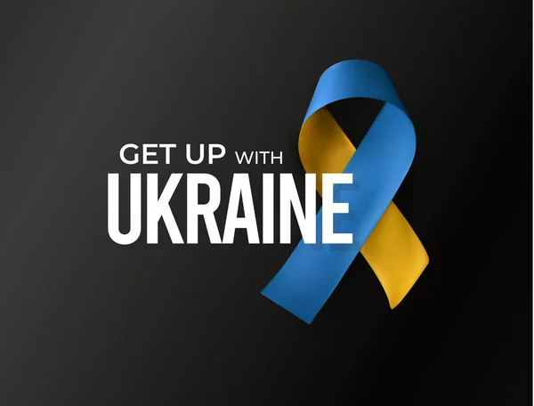 Κίτρινη και μπλε κορδέλα, Ουκρανική εθνική σημαία, σηκωθείτε με το σύμβολο Ουκρανία, σημάδι ευαισθητοποίησης, UA αφίσα υποστήριξης, να σταματήσει τον πόλεμο στην Ουκρανία πανό. Εικονογράφηση διανύσματος — Διανυσματικό Αρχείο
