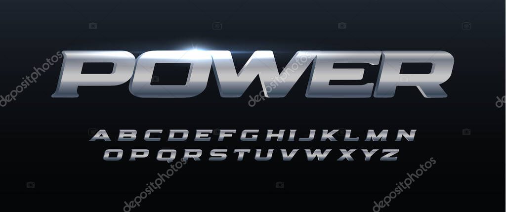 Power font iron alphabet. Metal logo typography. Steel typographic design. Wide bold italic letters for speed logo, race headline, automotive monogram, lettering, and branding type. Vector typeset.