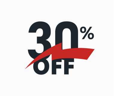 Yüzde 30 indirim afişi, yüzde 30 indirim etiketi. Kıvılcım kurdeleli numara, reklam afişi. Özel teklif levhası, Kara Cuma ikramiyesi. İndirim kuponu, vektör illüstrasyonu.