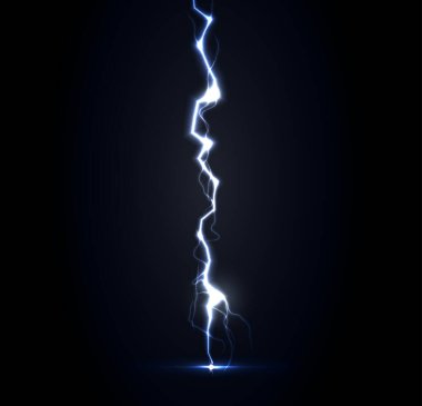 Thunderbolt vector illustration. Blue lightning strike on dark background. Vertical lightning, realistic thunderstorm . Nature, spring rainy weather.
