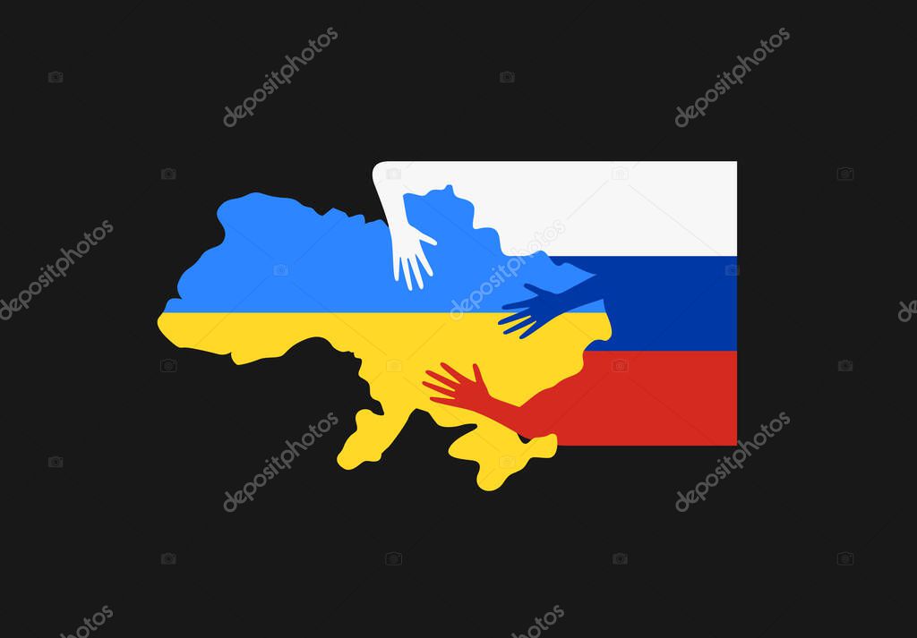 Russian aggression against Ukraine. Caricature picture of Ukraine map in clutches of Russian flag. Graphic for poster, flag, news, infographic, logo. Vector illustration.
