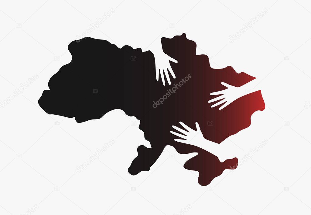 War in Ukraine banner, infographics for news. Palms of hands on the Ukraine territory. Russian Federation aggression against the Ukrainian nation. Vector illustration.