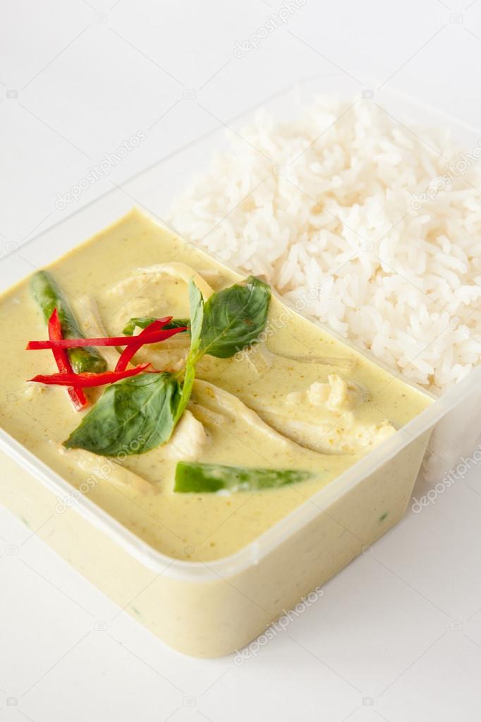 Thai take away food, green curry with rice