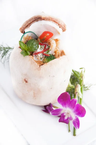 Ho Mok comida tailandesa al vapor crema de mariscos, curry mariscos mezclados —  Fotos de Stock