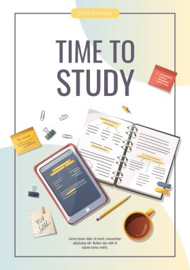 Defter, tablet ve çalışma malzemeleri. Okuma, eğitim, öğrenme, okula dönüş, öğrenci, kırtasiye konsepti. Poster, afiş, broşür, reklam için A4 vektör illüstrasyonu.