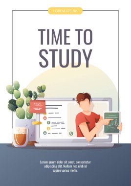 Ekranda öğretmen, ev bitkisi, kahve fincanı olan bir laptop. Eğitim, Çevrimiçi eğitim, uzaktan eğitim, e-öğrenme, dersler ve dersler. Poster, afiş, kapak, broşür için A4 vektör illüstrasyonu.