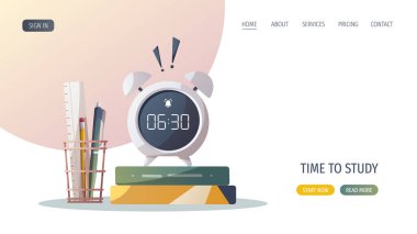 Çalışma malzemeleriyle birlikte çalar saat. Öğrenim, eğitim, öğrenme, öğrenci konsepti. Poster, afiş, web sitesi için vektör illüstrasyonu.