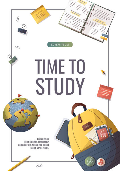 Flyer with study supplies for Studying, education, learning, back to school, student, stationery. A4 vector illustration for poster, banner, advertising.