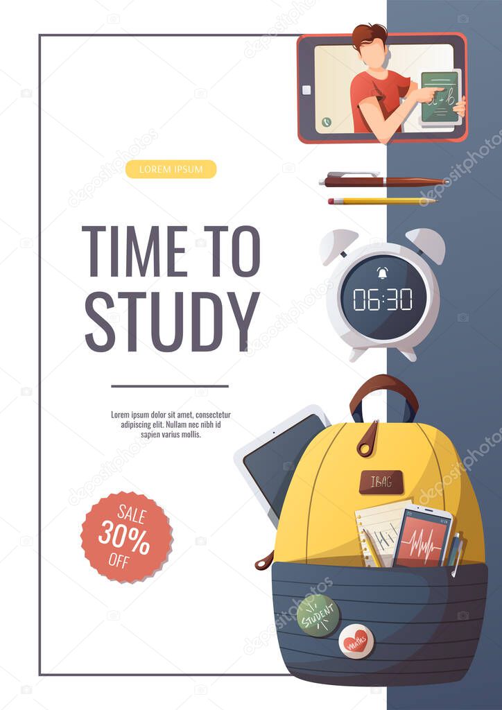 Flyer with study supplies for Studying, education, learning, back to school, student, stationery. A4 vector illustration for poster, banner, advertising.