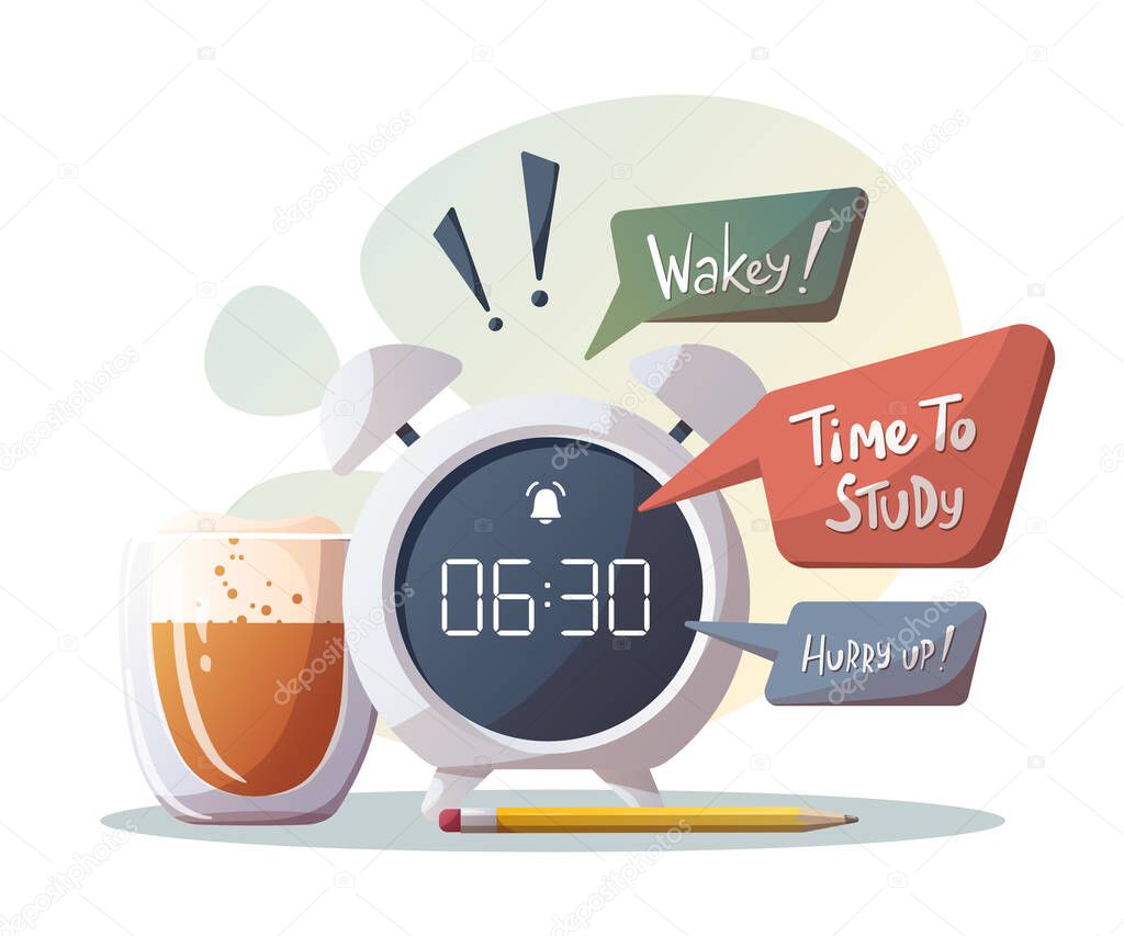 Alarm clock with speech bubbles, coffee cup. Studying, education, learning, student concept. Isolated vector illustration for poster, banner, cover, advertising.