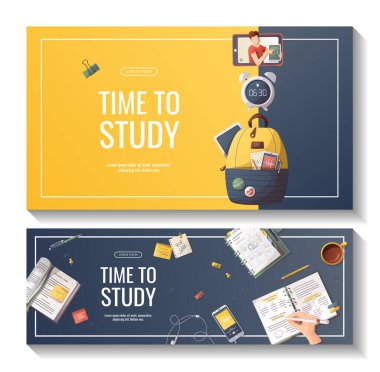 banner design with study supplies for Studying, education, learning, back to school, student, stationery. Vector illustration for poster, banner, advertising. clipart
