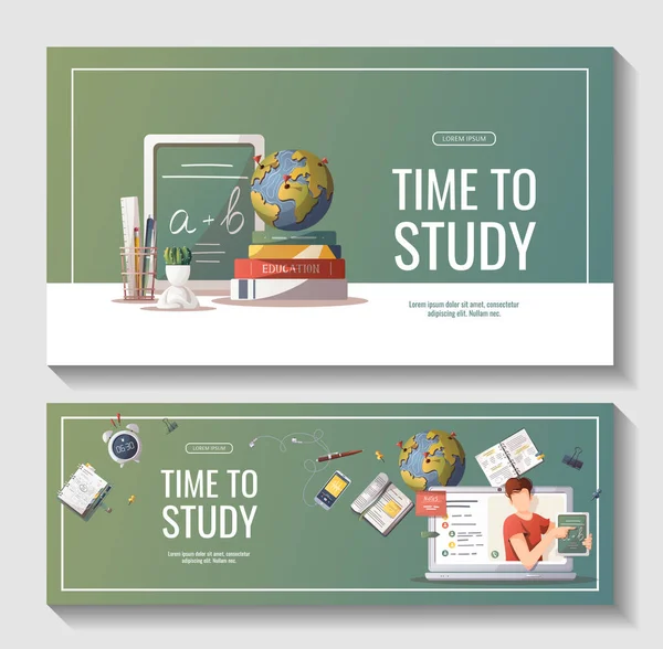 Conjunto Panfletos Com Material Estudo Para Estudar Educação Aprendizagem Voltar —  Vetores de Stock