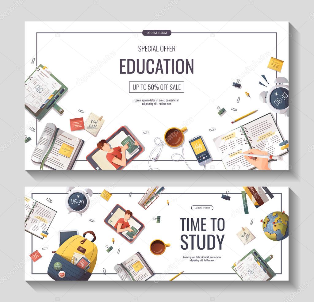 Web page with study supplies for Studying, education, learning, back to school, student, stationery. Vector illustration for poster, banner, website, advertising.