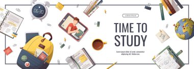 Öğrenim, eğitim, öğrenim, okula dönüş, öğrenci ve kırtasiye malzemeleriyle dolu bir web sayfası. Poster, afiş, web sitesi, reklam için vektör illüstrasyonu.