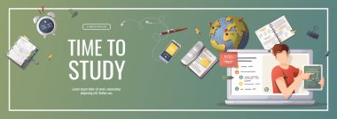 Bilgisayarlı web sayfası ve öğrenim malzemeleri, eğitim, e-öğrenme, okula dönüş, öğrenci, kırtasiye. Poster, afiş, web sitesi, reklam için vektör illüstrasyonu.