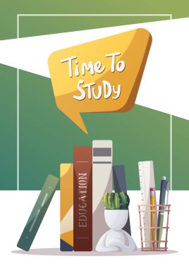 Kitaplar, ev bitkileri, yazma aletleri. Okul, eğitim, eğitim, e-öğrenme, dersler ve dersler. Poster, afiş, reklam ve kapak için izole vektör illüstrasyonu.