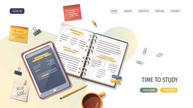 Defter, tablet ve çalışma malzemeleri. Okuma, eğitim, öğrenme, okula dönüş, öğrenci, kırtasiye konsepti. Poster, afiş, web sitesi, reklam için vektör illüstrasyonu.