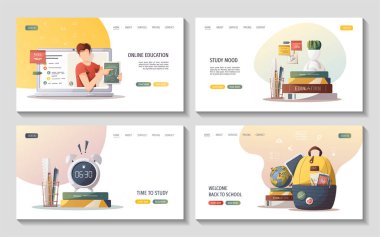 Öğrenim, eğitim, öğrenim, okula dönüş, öğrenci ve kırtasiye malzemeleri içeren web sayfaları. Poster, afiş, web sitesi, reklam için vektör illüstrasyonu.  