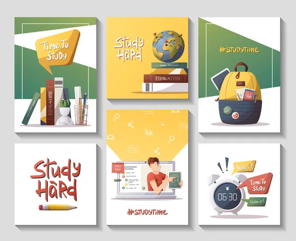 Conjunto Cartões Com Material Estudo Para Estudar Educação Aprendizagem Voltar —  Vetores de Stock