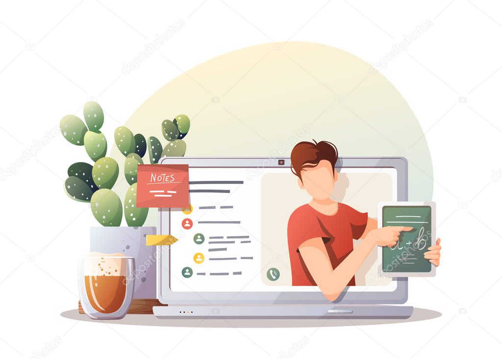 Laptop with teacher on the screen, houseplant, coffee cup. Studying, Online training, distance education, e-learning, tutorials and courses. Isolated vector illustration for poster, banner, cover.