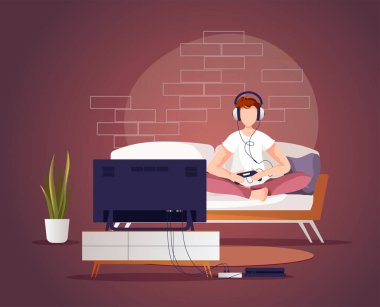 Genç adam kanepede oturuyor ve TV karşısında oyun konsolu oynuyor. Oturma odası, iç mekan, boş zaman, televizyon konsepti. Poster, afiş, web sitesi için vektör illüstrasyonu