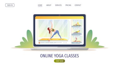 Laptop ekranında yoga egzersizleri yapan insanların videoları var. Çevrimiçi yoga dersleri, sağlık, sağlıklı yaşam tarzı, spor, fitness konsepti. Poster, afiş, web sitesi için vektör illüstrasyonu.