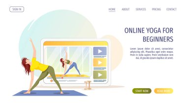 Paspasın üzerinde yoga yapan bir kadının videosunun olduğu tablet ekranı. Çevrimiçi yoga dersleri, sağlık, sağlıklı yaşam tarzı, spor, fitness konsepti. Poster, afiş, web sitesi için vektör illüstrasyonu. 