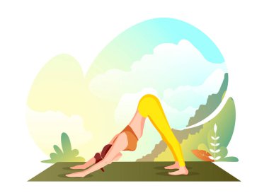 Paspasın üzerinde yoga egzersizi yapan bir kadın. Doğada yoga. Sağlık, sağlıklı yaşam tarzı, spor, esneklik, fitness konsepti. Poster, afiş, kapak, kart için vektör illüstrasyonu.