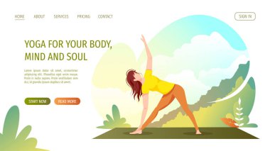 Paspasın üzerinde yoga egzersizi yapan bir kadın. Doğada yoga. Sağlık, sağlıklı yaşam tarzı, spor, esneklik, fitness konsepti. Poster, afiş, web sitesi için vektör illüstrasyonu.