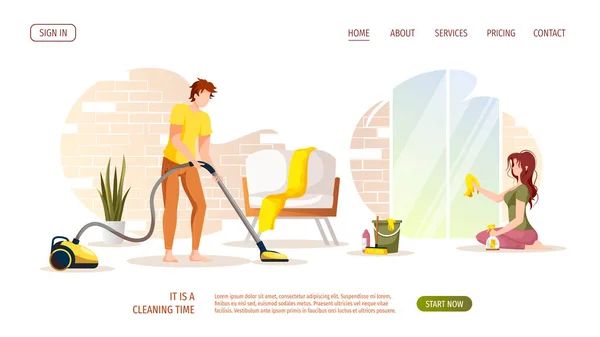 Homem Aspirando Chão Mulher Lavando Janelas Trabalho Doméstico Limpeza Casa — Vetor de Stock