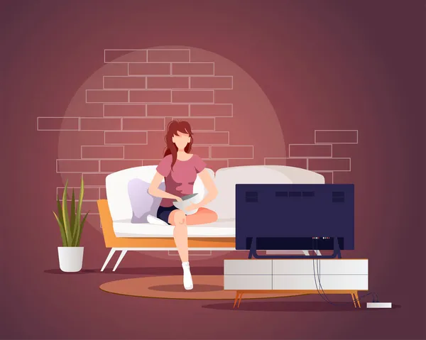 ソファに座ってテレビを見ている若い女性 リビングルーム インテリア ホームレジャー テレビのコンセプト ポスター バナー ウェブサイトのベクトルイラスト — ストックベクタ