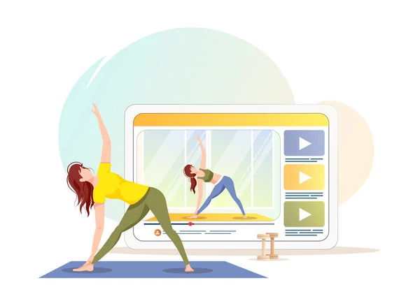 Paspasın Üzerinde Yoga Yapan Bir Kadının Videosunun Olduğu Tablet Ekranı — Stok Vektör