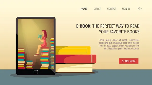 Σχεδιασμός Ιστοσελίδας Για Βιβλιοπωλείο Βιβλιόφιλους Book Reader Ηλεκτρονικός Αναγνώστης Και — Διανυσματικό Αρχείο