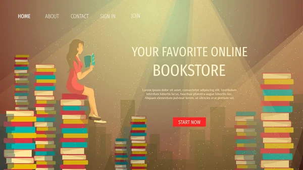 Webpagina Ontwerp Voor Boekhandel Online Bibliotheek Boek Liefhebbers Bibliofielen Stapels — Stockvector